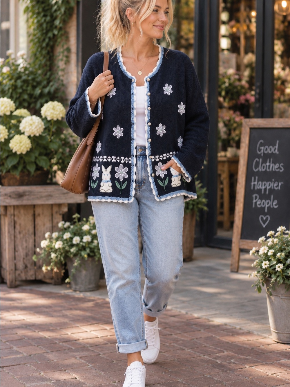 Vintage Christoper Banks Navy Floral & Bunny Embroidered Cardigan Sweater